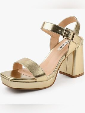 Metallic Gold Block-Heel Sandals with Ankle Strap